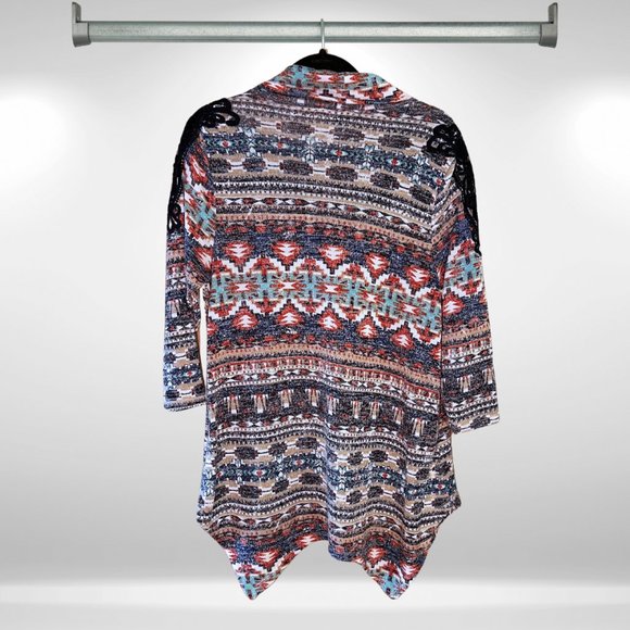 Absolutely Famous Blue & Orange Aztec Cowl Neck Knit Sweater, Lace Shoulders - Picture 7 of 7